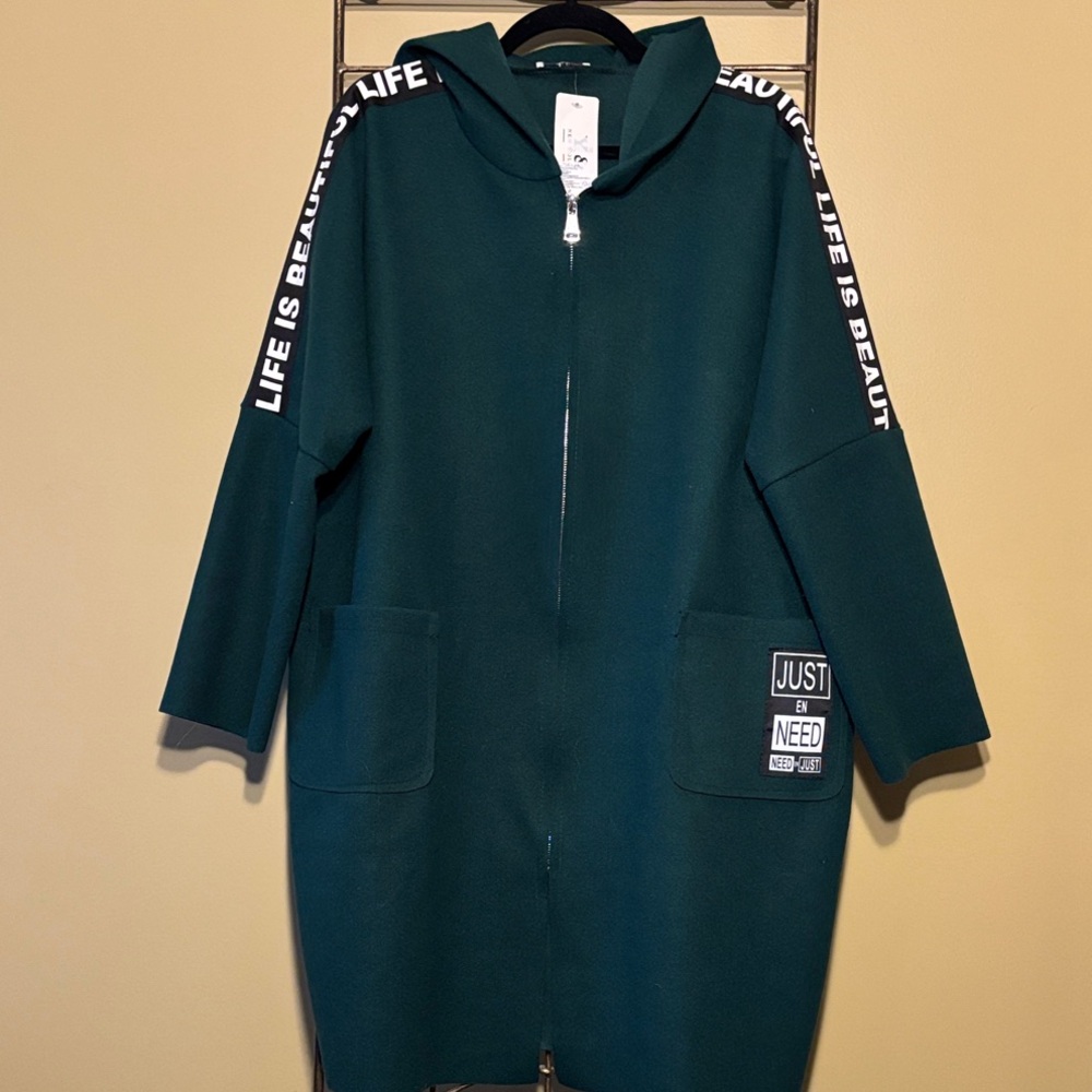 Dark Green Hooded Overcoat with Inspirational Text